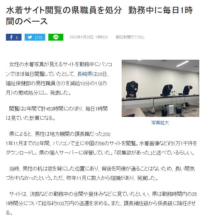 朝日新闻报道，日本一公务员因每日上班“鉴黄”被处罚，据称其2年内花费453小时浏览中国泳装网站56个（每工作日摸鱼1小时），下载约1万1千张图片