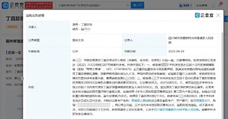 丁真诉网友侵权胜诉获赔6.1万据企查查公告，近日，理塘县人民法院向吴某某公告送达丁真珍珠诉吴某某人格权（肖像权、姓名权、名誉权）纠纷一案判决书