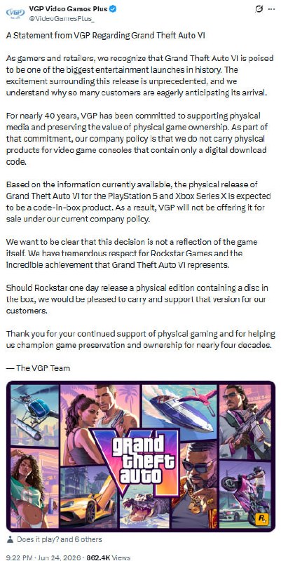 由于《GTA6》实体版不包含光盘，已经有线下零售商宣布拒绝上架本作