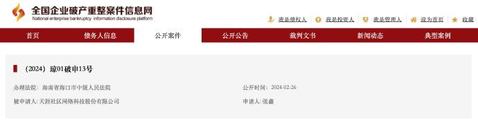 天涯社区被申请破产审查在知名互联网社区天涯社区成立25周年之际，天涯社区被申请破产审查