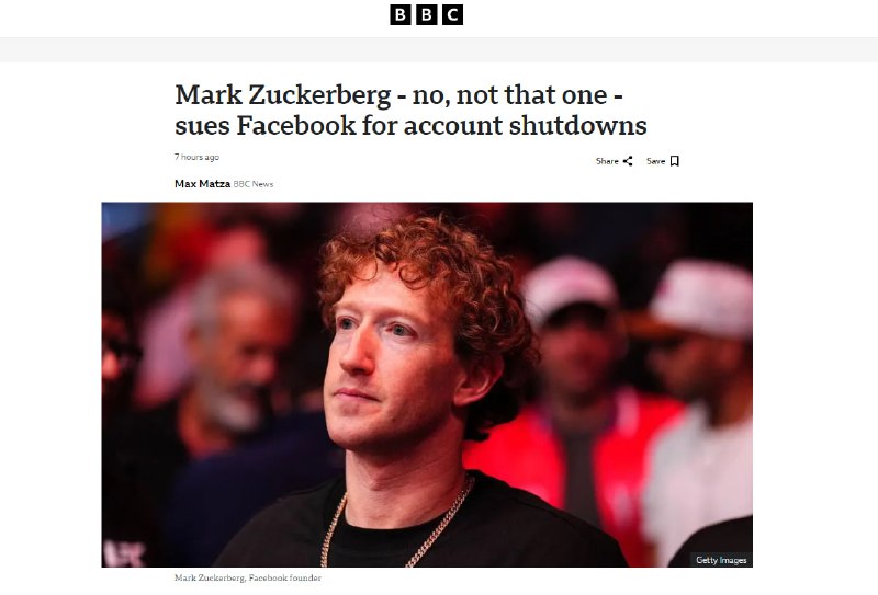 马克·扎克伯格起诉马克·扎克伯格9月5日消息，据BBC报道，一位与脸书（Facebook）创始人马克·扎克伯格同名的美国律师，就因账号多次被封禁，将脸书及其母公司Meta告上了法庭，一场因同名引发的法律纠纷就此拉开帷幕