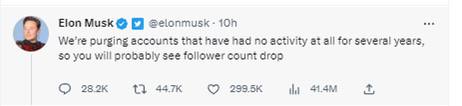 #推特将删除不活跃账户#马斯克 宣布 #推特 正在清理几年未登录的不活跃账号，如果不想被注销账号，你需要保持每月都进行一次账号登录