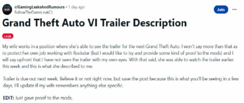 游戏 GTA6 消息大量泄露，建筑物自动生成、NPC AI化、天气变化系统（出现台风、龙卷风等）、游戏售价贵、容量超过700G；有开发人员家属爆出预告游戏画面并得到 Reddit 版主证实