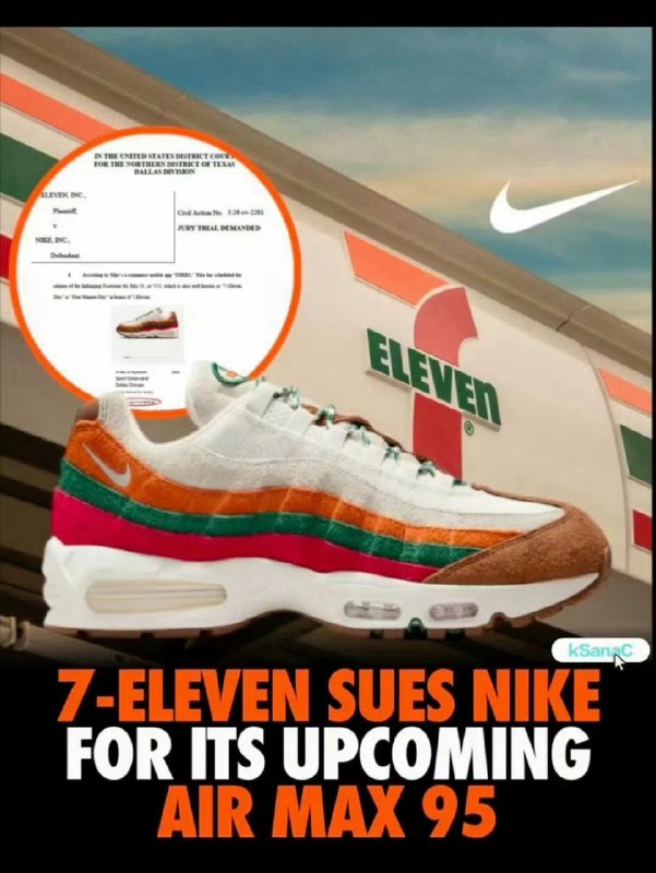 711起诉耐克抄袭据路透社7月2日报道，跨国连锁零售公司7-Eleven（7-11）已在美国得克萨斯州联邦法院起诉运动品牌耐克，指控该公司计划于7月11日推出的运动鞋抄袭了7-11便利店标志性的橙、绿、红三色条纹设计