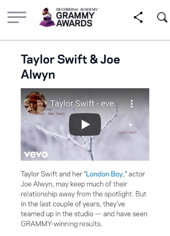 格莱美官网将Taylor Swift与Joe Alwyn列为获得过格莱美提名的九对情侣之一值得一提的是，Taylor Swift与Joe Alwyn是三十多年来第一对赢得格莱美年度专辑奖项的情侣（继1991年的Natalie Cole与Andre Fischer后）格莱美官网将Taylor Swift与Joe Alwyn列为获得过格莱美提名的九对情侣之一值得一提的是，Taylor Swift与Joe Alwyn是三十多年来第一对赢得格莱美年度专辑奖项的情侣（继1991年的Natalie Cole与Andre Fischer后）