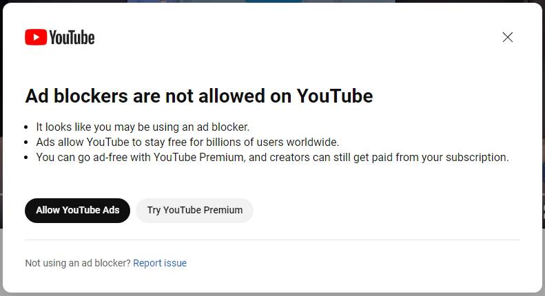 #Youtube 被曝正在内测禁止用户使用广告拦截插件~~当然，如果你是付费Premium会员，本来就不会有广告插入的烦恼
