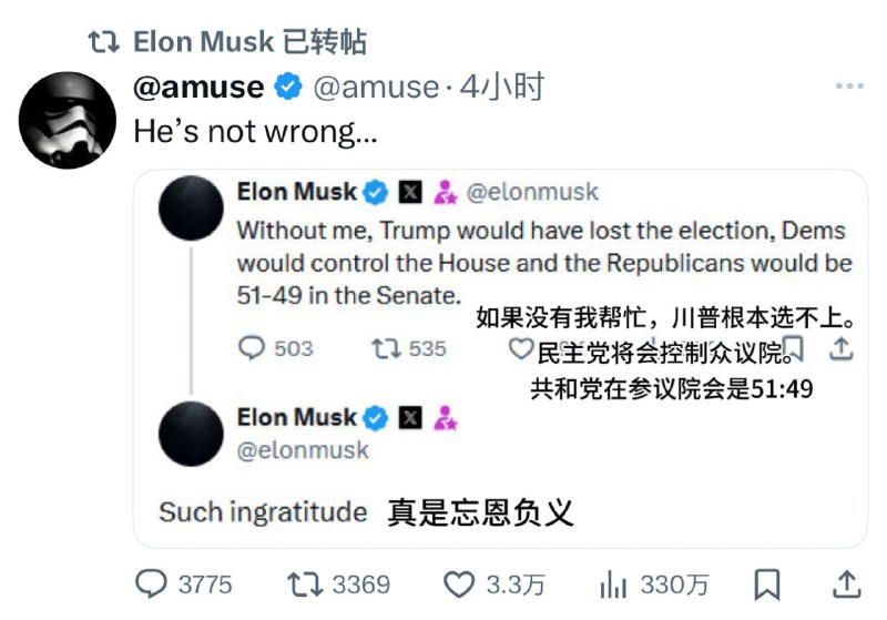 马斯克和特朗普决裂● 马斯克反对“大而美”税改法案● 马斯克表示“是时候投下真正的重磅炸弹了