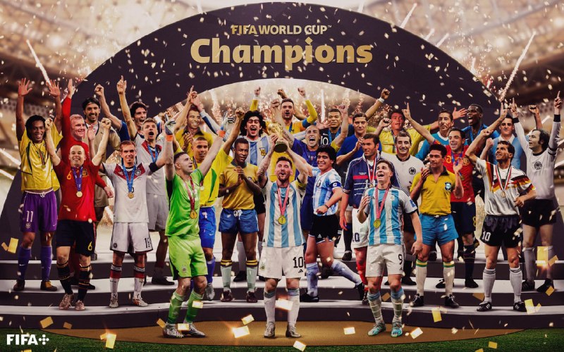 FIFA国际足联创作新艺术海报庆祝阿根廷冠军！本届 #世界杯 冠军阵容 #梅西 和历届世界杯冠军明星球员同框（原图见评论区）