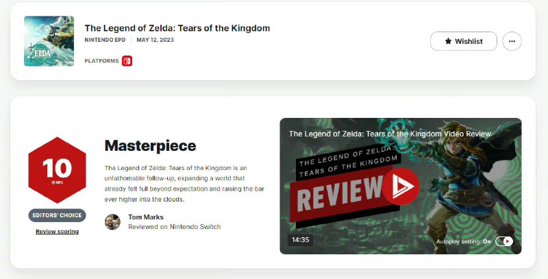 《#塞尔达传说王国之泪》媒体评分解禁，IGN 10分，GameSpot 10分，Gameinformer 9.75分