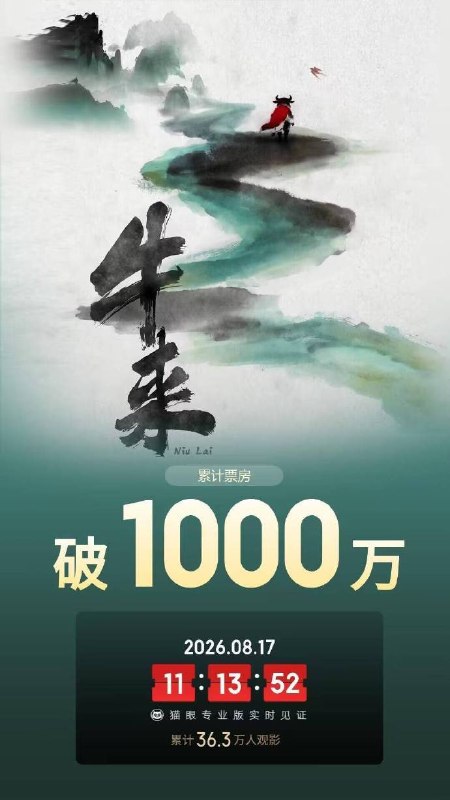牛来总票房破1000万据灯塔专业版实时数据，截至8月17日11时6分，影片《牛来》票房突破1000万