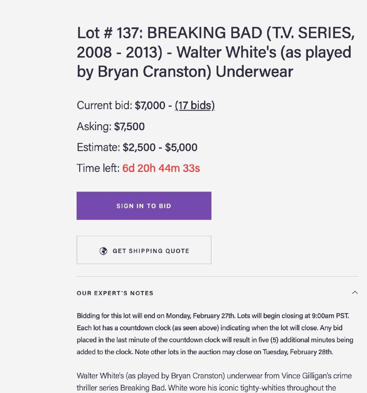《#绝命毒师》里老白穿过的内裤正在拍卖中，目前出价到了7000美金