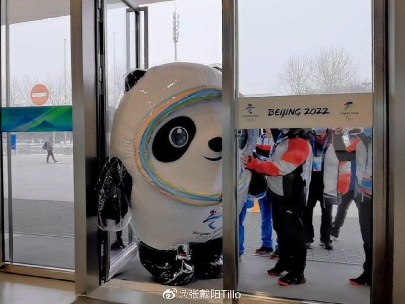 冬奥会 #吉祥物 卡在冬奥会新闻中心大门口进不去