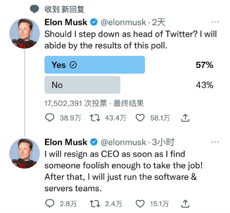 #马斯克 宣布将在找到继任者之后辞掉推特CEO职务