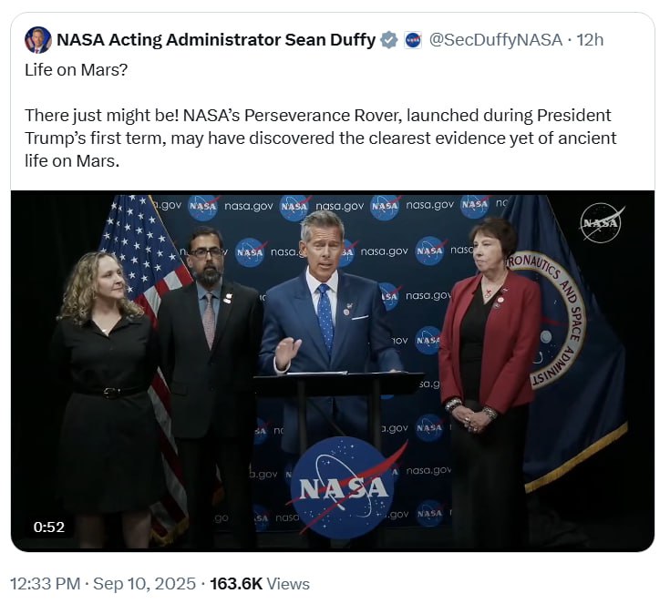 NASA明确发现火星生命迹象当地时间本周三，美国国家航空航天局NASA的新任局长肖恩·达菲表示，毅力号火星车收集的样本已被宣布为火星上迄今发现的“最明显的生命迹象”