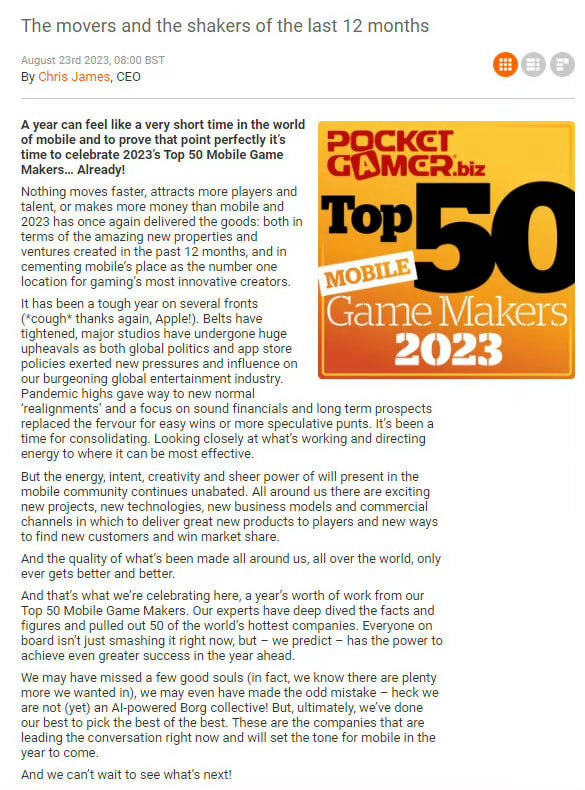 外媒评米哈游为全球第一手游开发商国外手游媒体 “Pocket Gamer Biz”公布2023年全球手游开发商TOP50榜单，盘点了过去12个月里世界范围内值得关注的手游开发商，榜单中米哈游超过 腾讯、网易，位列第一