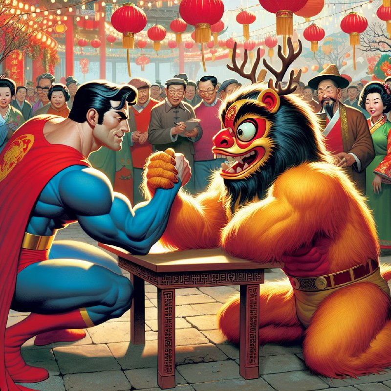 今天除夕，用AI画了一张《超人大战年兽》送给大家😆