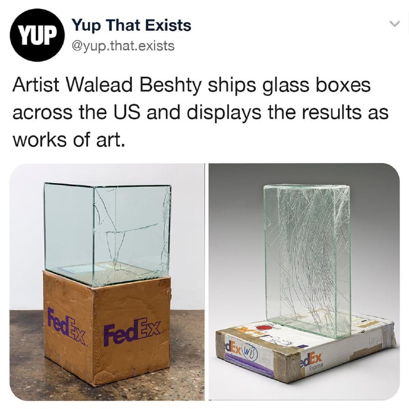 艺术家 Walead Beshty将玻璃制成的箱子让货运公司寄送出横跨美国的路线最后将得到的成果当成艺术品展出🤔️