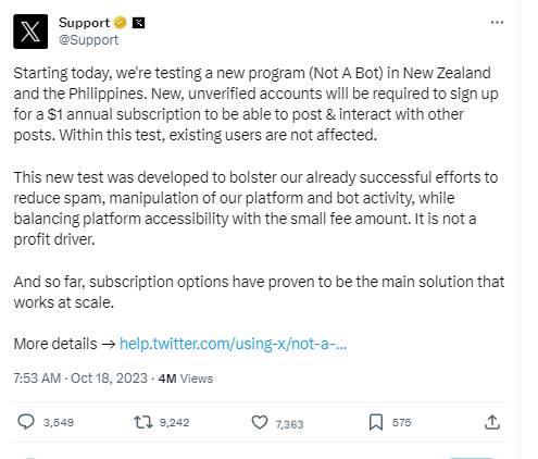 X（Twitter）将开启一项特定地区的测试，未经验证和新注册的用户需付费订阅 1美金 的年度服务，才能发帖和互动